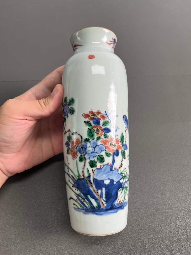 清顺治  青花五彩花鸟纹筒瓶 - 图5