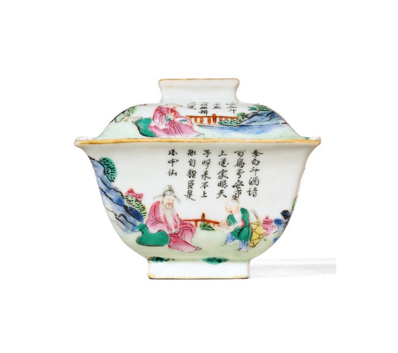 清乾隆  粉彩人物诗文四方盖杯