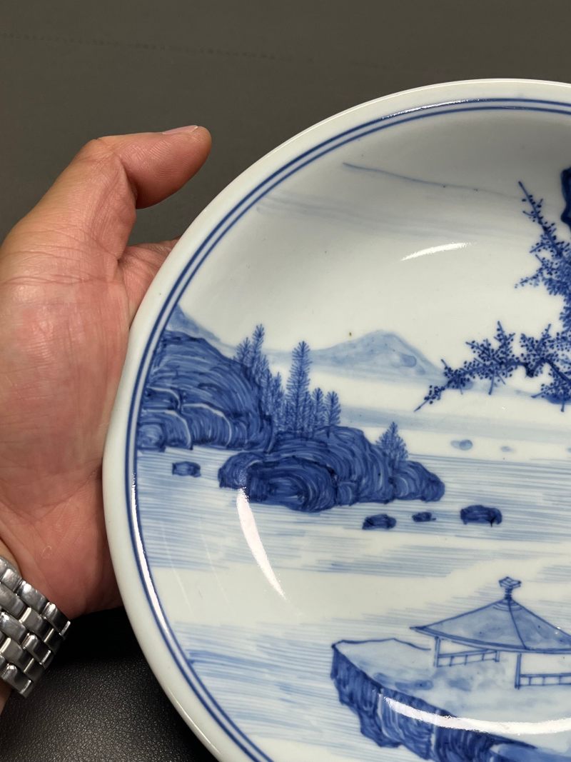 清康熙  青花“披麻皴”山水图盘 - 图5