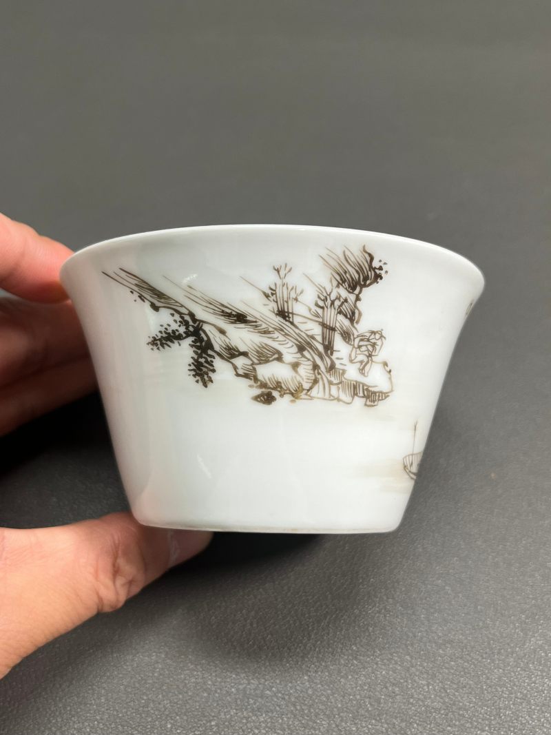 清雍正  墨彩山水人物马蹄杯 - 图9