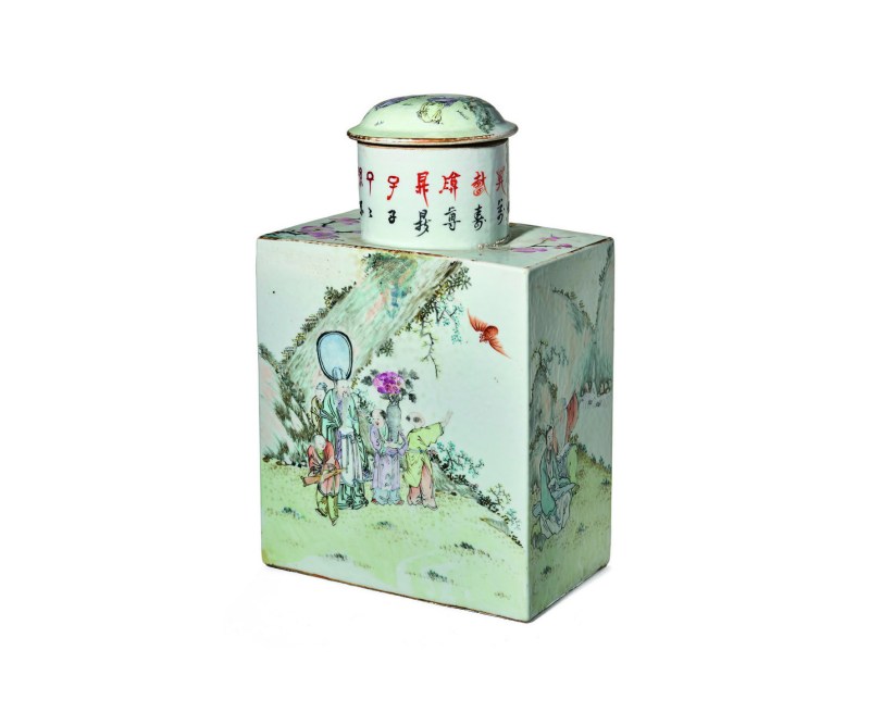 清光绪三年  浅绛彩“圣人教子”图诗文四方茶罐（带盖） - 图1