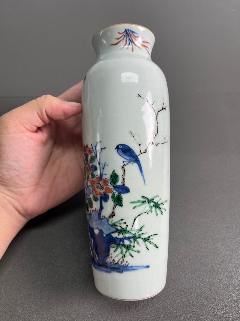 清顺治  青花五彩花鸟纹筒瓶 - 图6