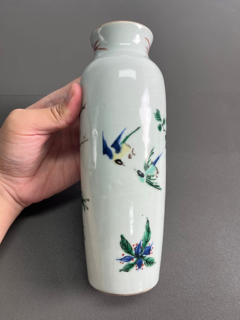 清顺治  青花五彩花鸟纹筒瓶 - 图7