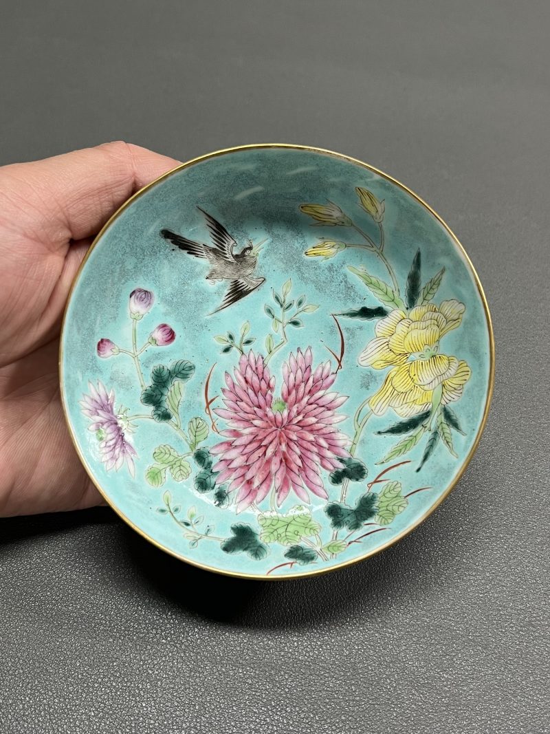 清光绪  松石绿地粉彩花鸟纹盘（一对） - 图3