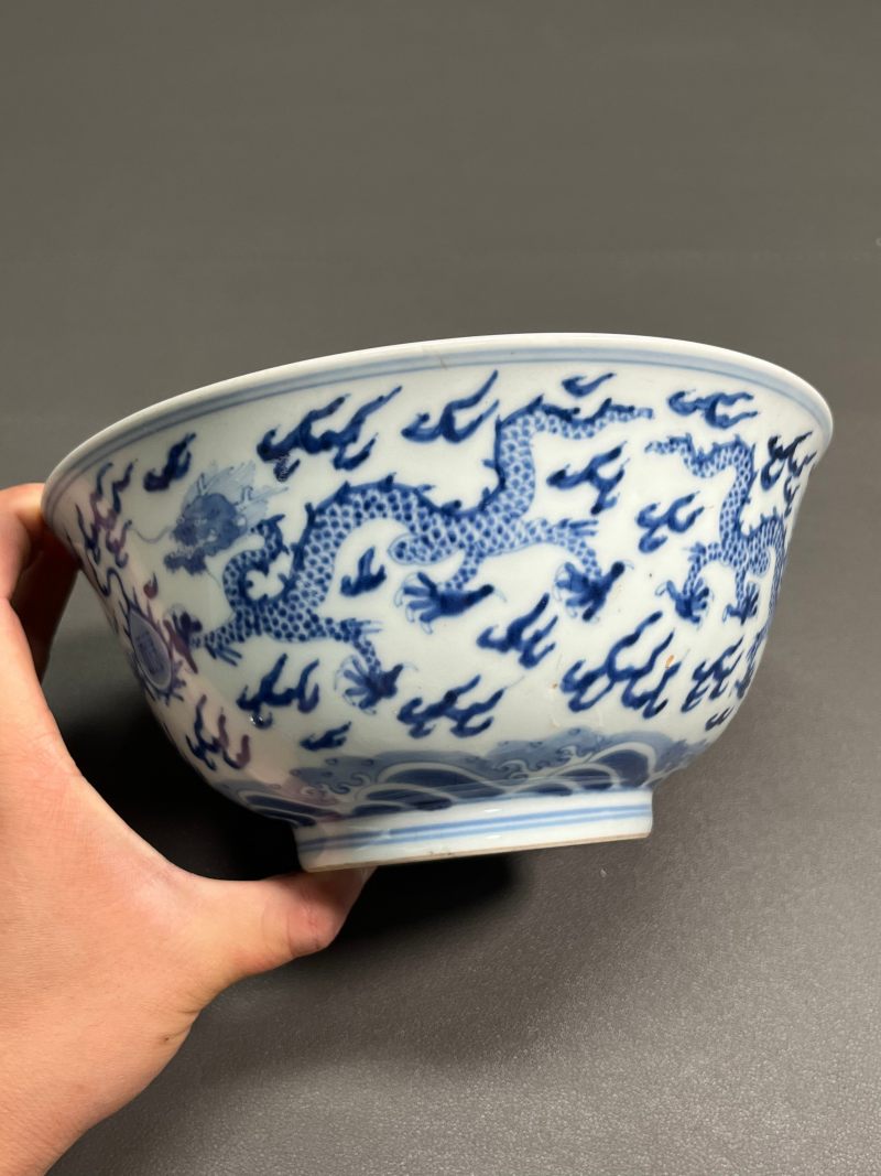 清康熙  青花“双龙捧福寿”纹大碗 - 图4