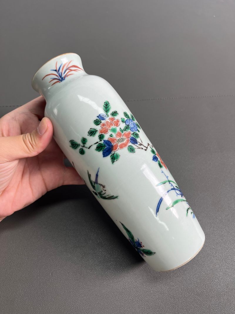 清顺治  青花五彩花鸟纹筒瓶 - 图8