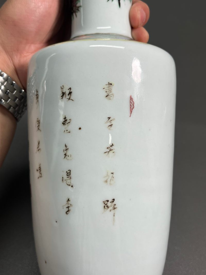 清康熙  五彩“苏武托书劝李陵”人物故事诗文图棒槌瓶 - 图13