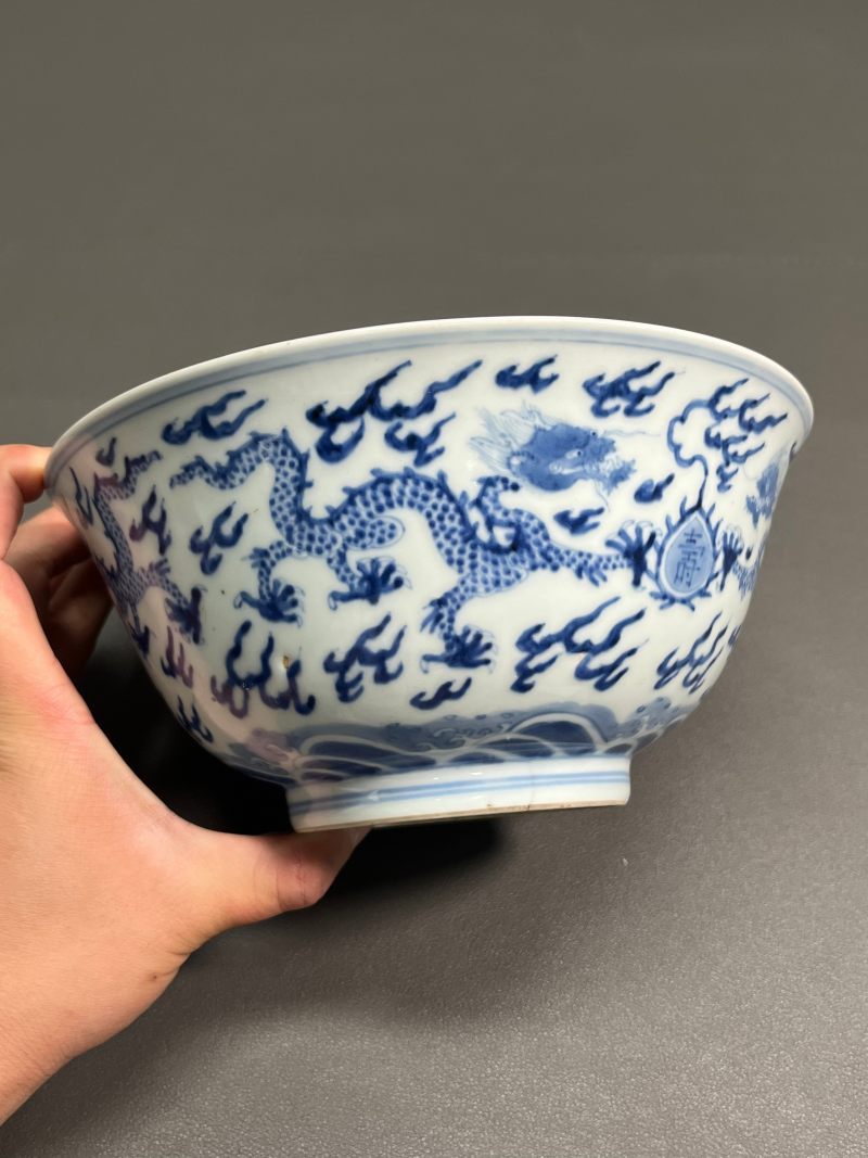 清康熙  青花“双龙捧福寿”纹大碗 - 图5