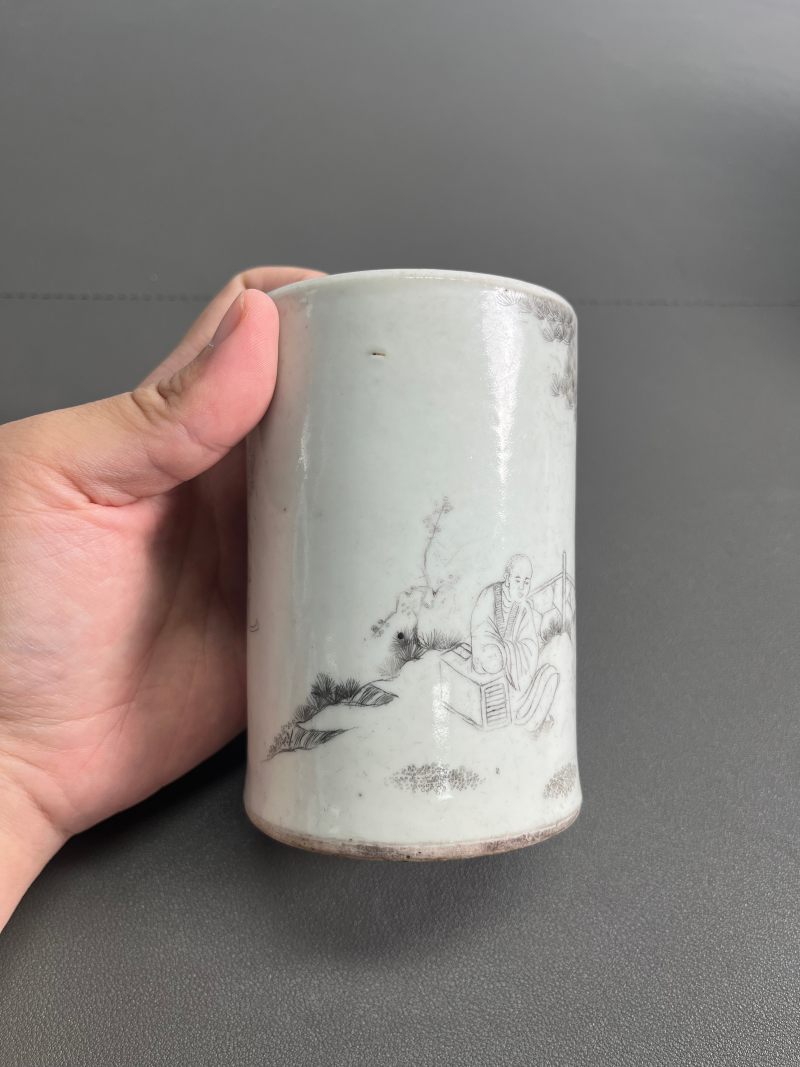民国 刻瓷高仕人物诗文笔筒 - 图6