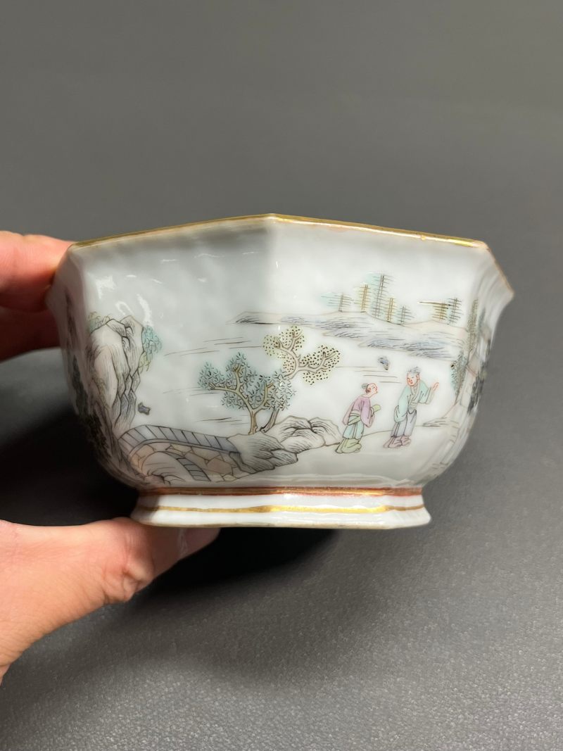 清道光  粉彩山水人物供碗 - 图6