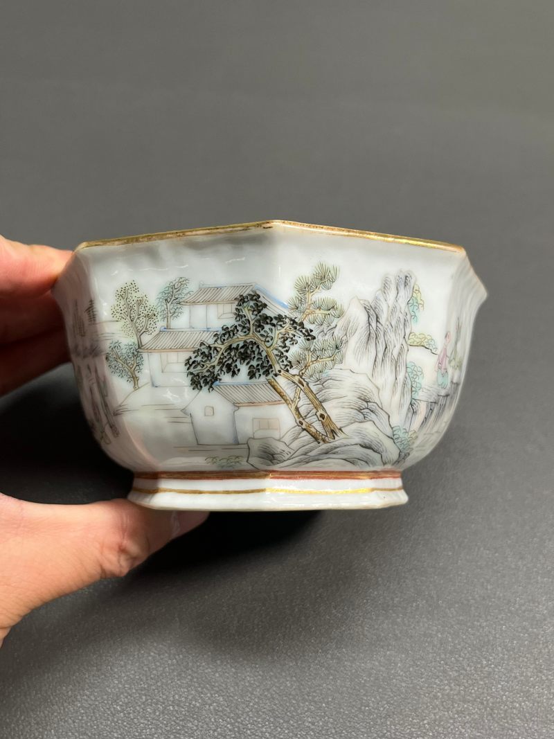 清道光  粉彩山水人物供碗 - 图7