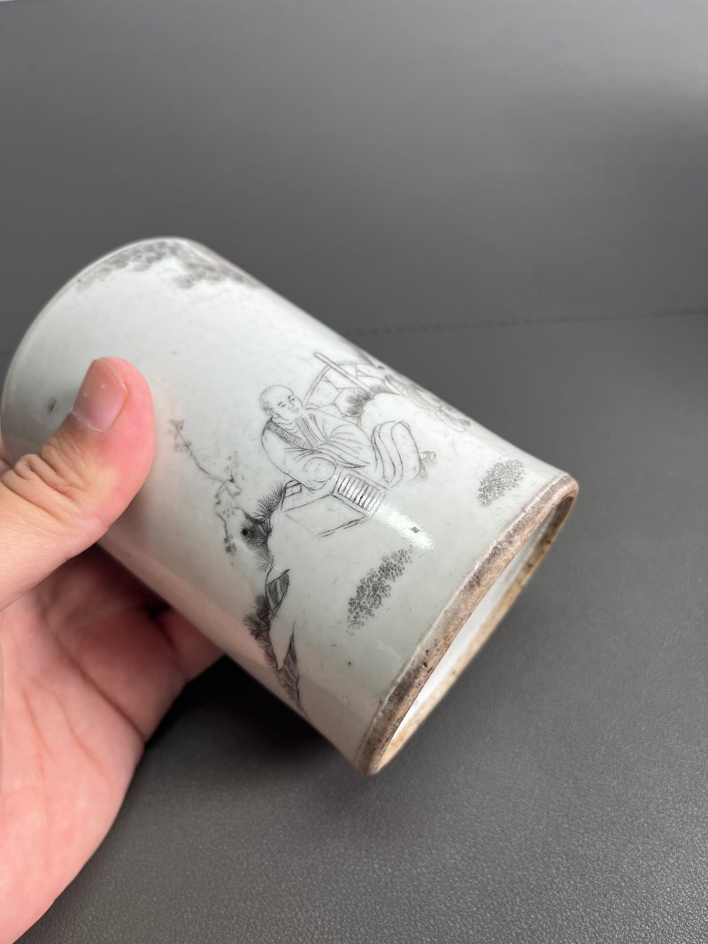 民国 刻瓷高仕人物诗文笔筒 - 图8