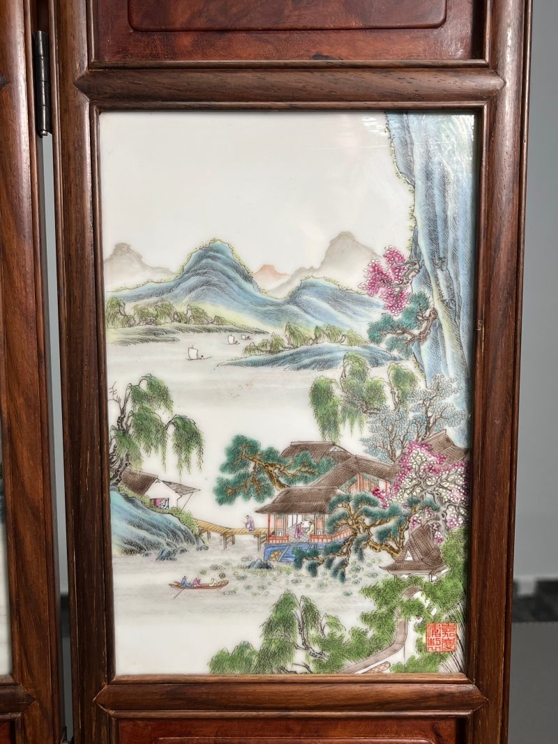 民国  粉彩山水人物图砚屏（一组四件） - 图10