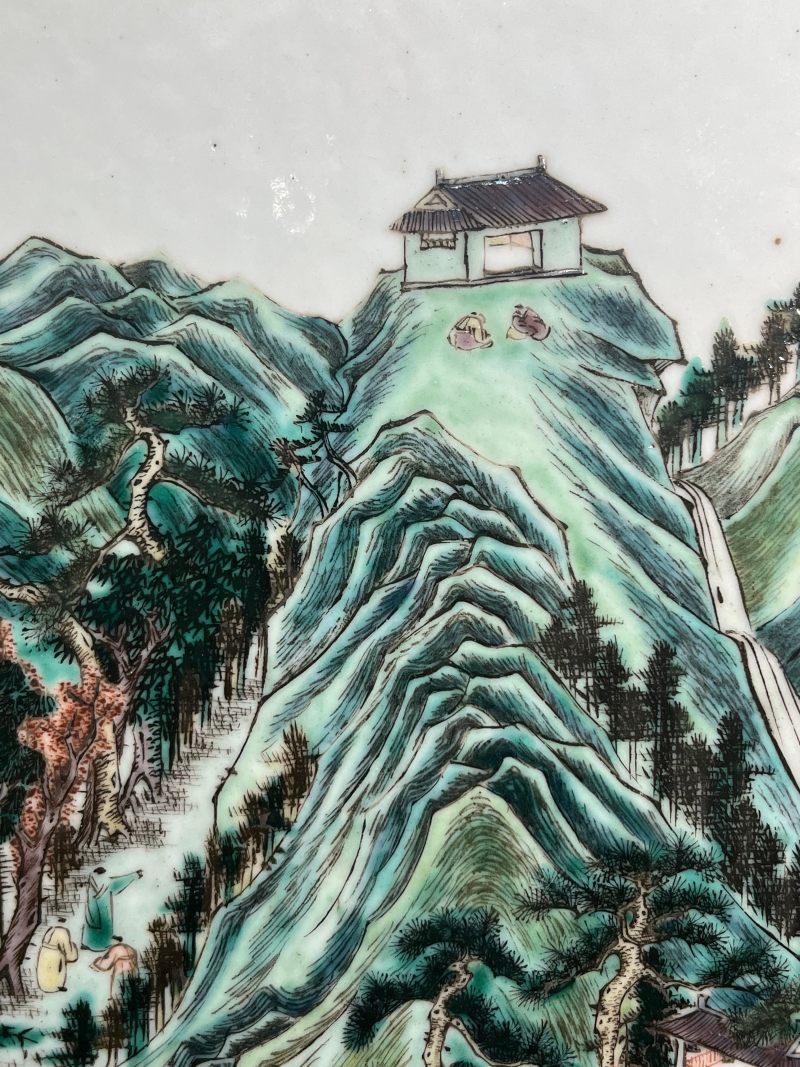 清咸丰  粉彩“白云望晚”山水人物诗文大瓷板 - 图11
