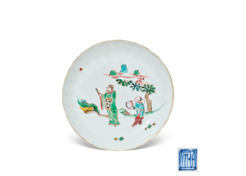 明天启  五彩“指日高升”图菊瓣盘（附老盒）