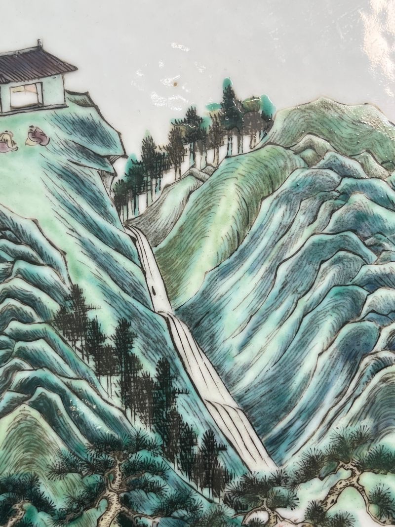 清咸丰  粉彩“白云望晚”山水人物诗文大瓷板 - 图12