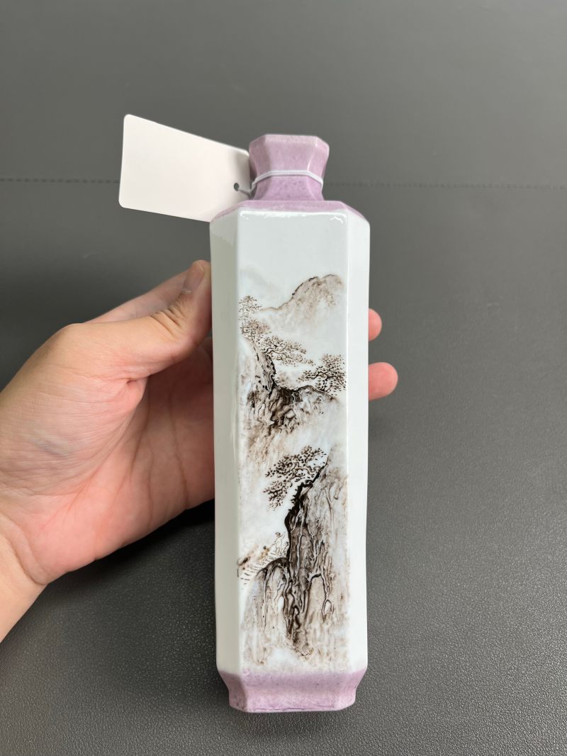 现代  王锡良墨彩山水诗文四方瓶 - 图4