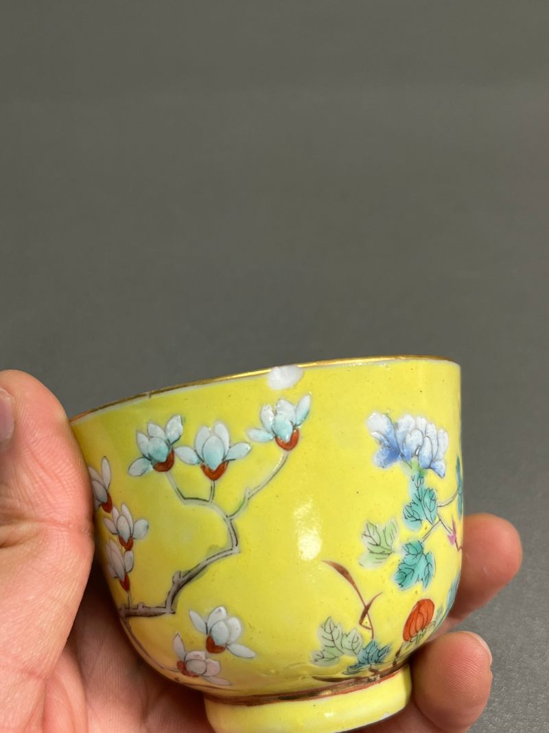 清光绪  黄地粉彩花鸟纹杯 - 图15