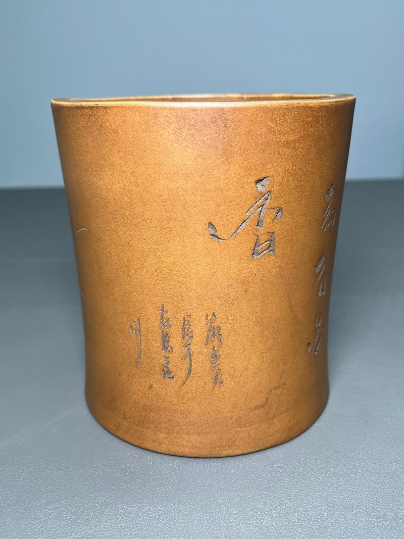 清光绪  紫砂“喜上眉梢”笔筒 - 图6
