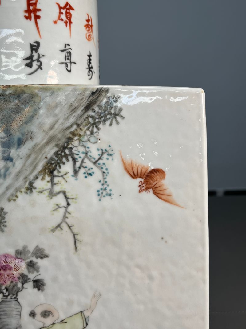 清光绪三年  浅绛彩“圣人教子”图诗文四方茶罐（带盖） - 图9