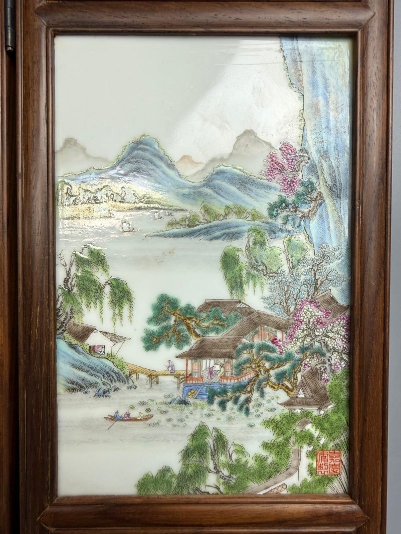 民国  粉彩山水人物图砚屏（一组四件） - 图3