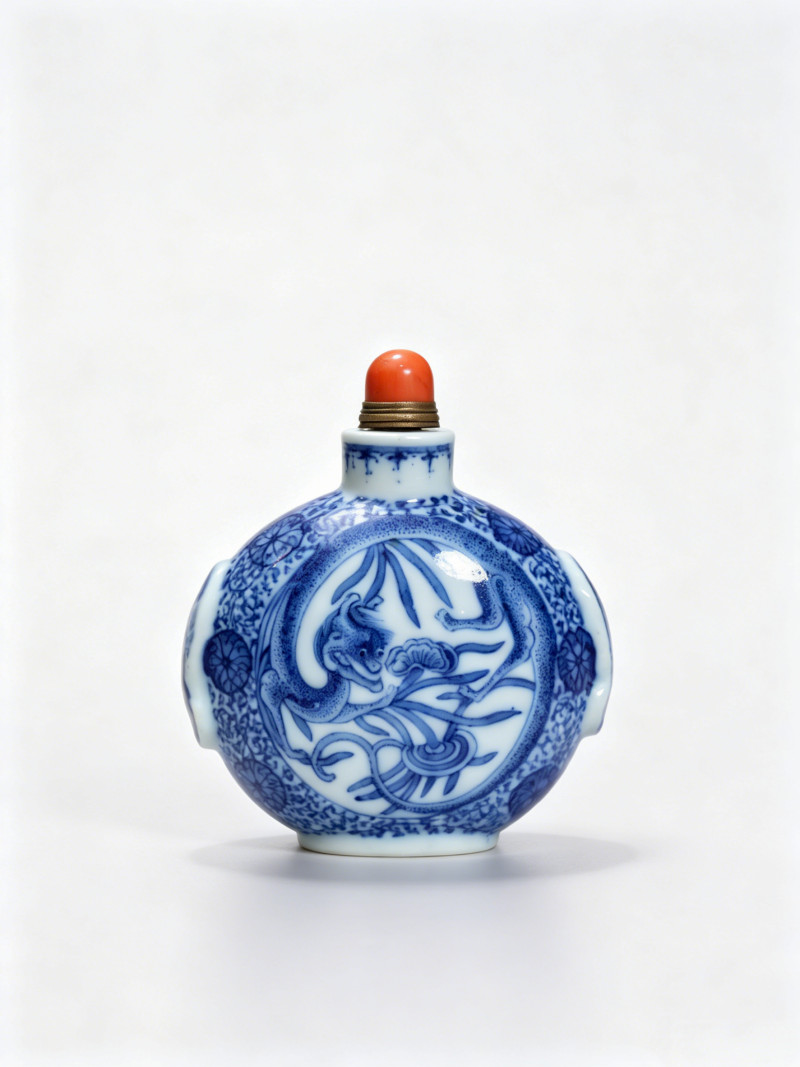 清晚期青花草花龙纹鼻烟壶-多宝古瓷宝典