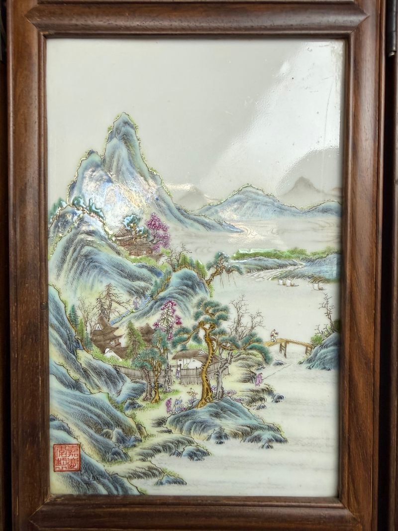 民国  粉彩山水人物图砚屏（一组四件） - 图4