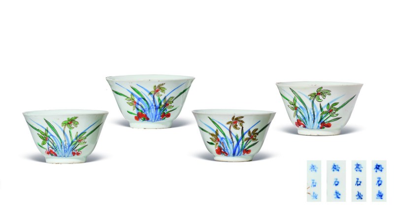明天启—崇祯  青花五彩兰花杯（一组 4 只） - 图1