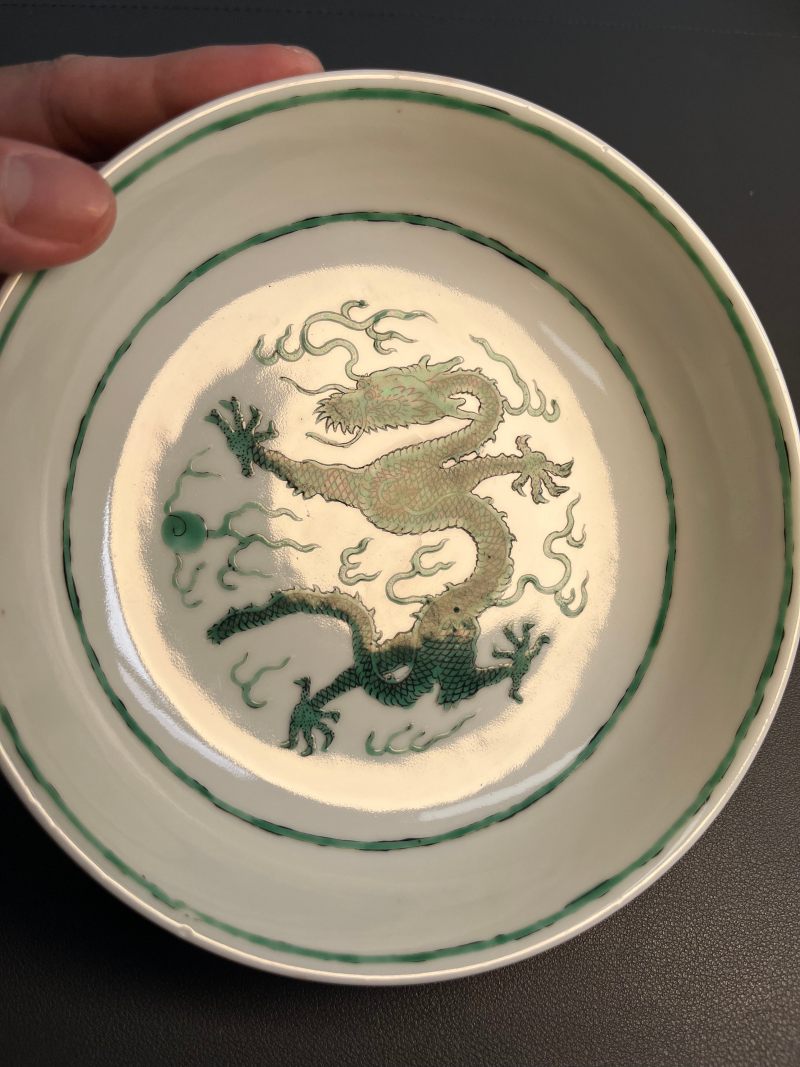 清道光  白地绿彩龙纹盘 - 图3