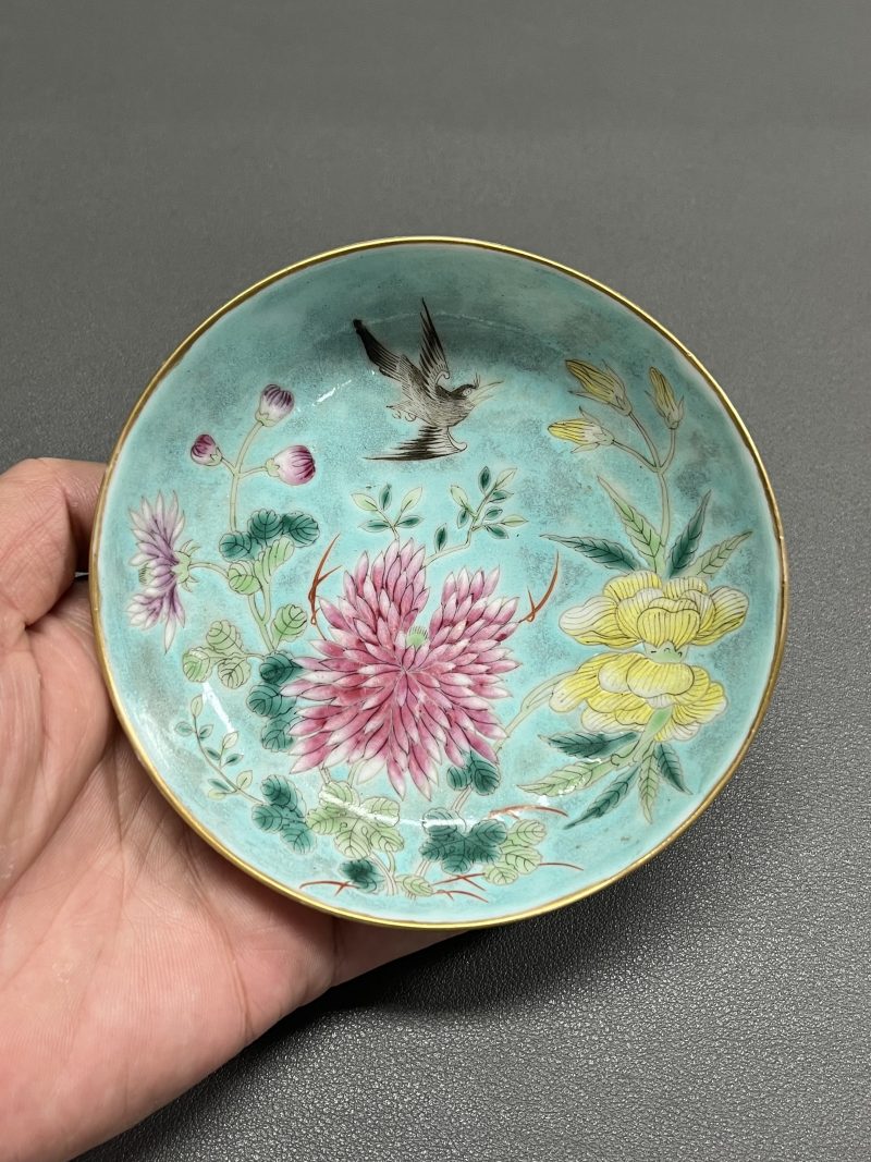 清光绪  松石绿地粉彩花鸟纹盘（一对） - 图13