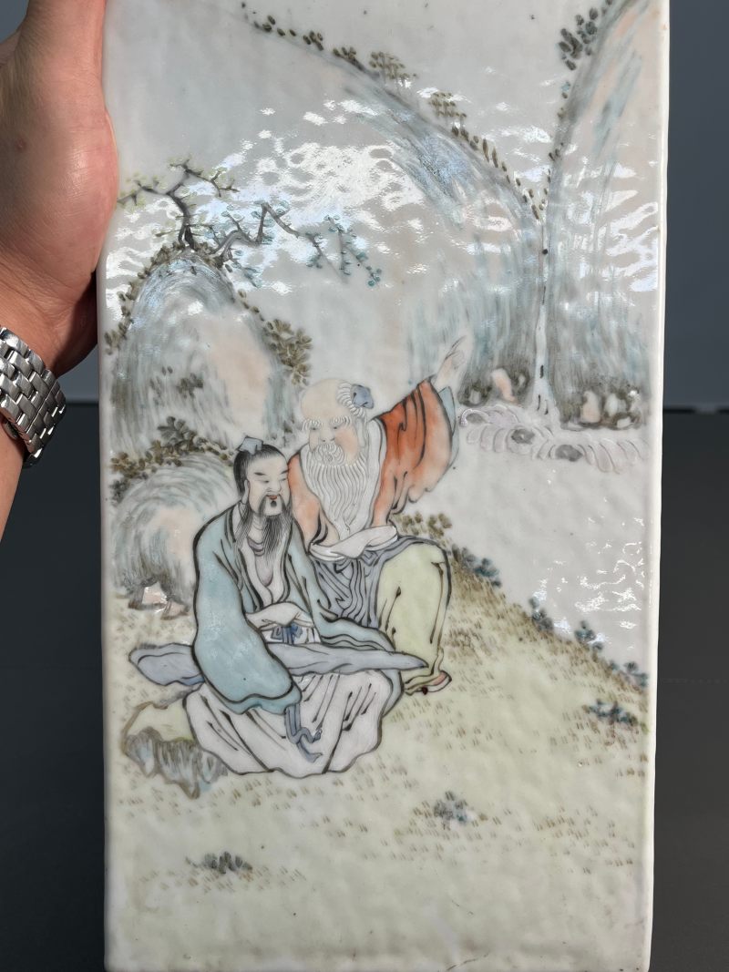 清光绪三年  浅绛彩“圣人教子”图诗文四方茶罐（带盖） - 图12
