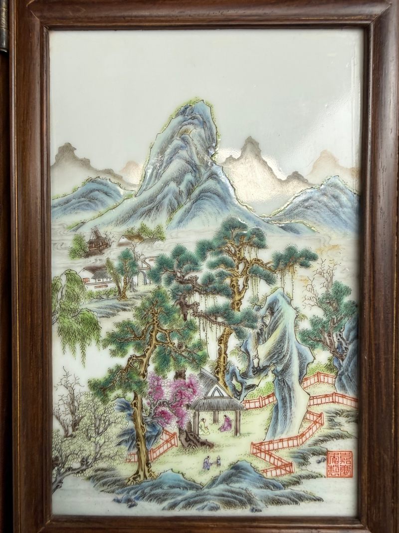 民国  粉彩山水人物图砚屏（一组四件） - 图5