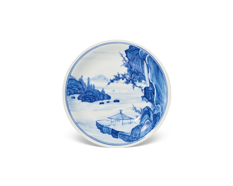 清康熙  青花“披麻皴”山水图盘 - 图1
