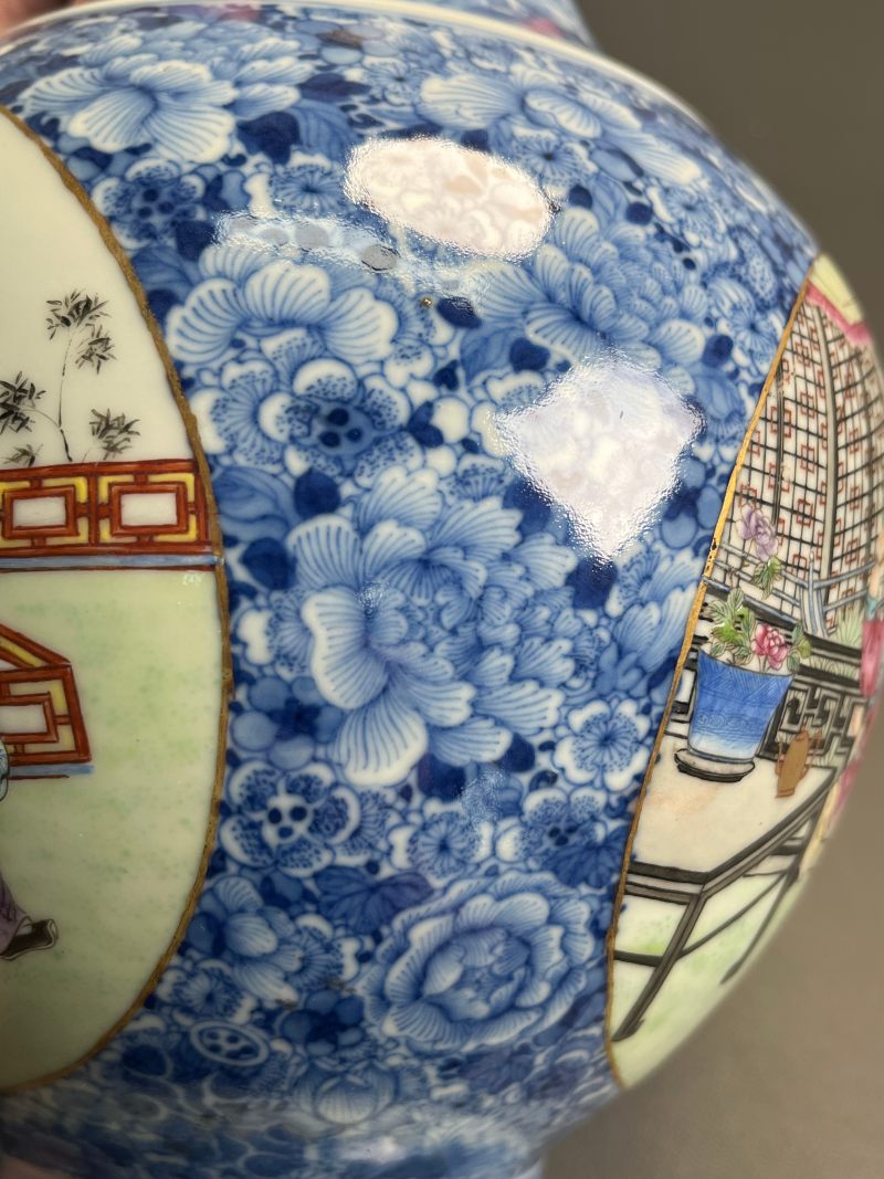 民国  青花地粉彩教子图瓶 - 图12