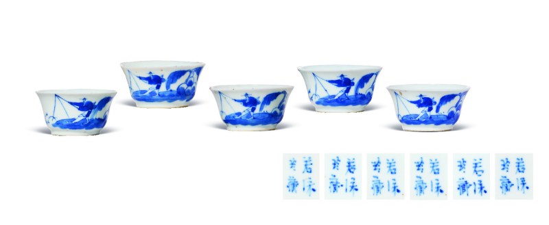 清中期  青花渔家乐图若深杯（一组 5 只） - 图1