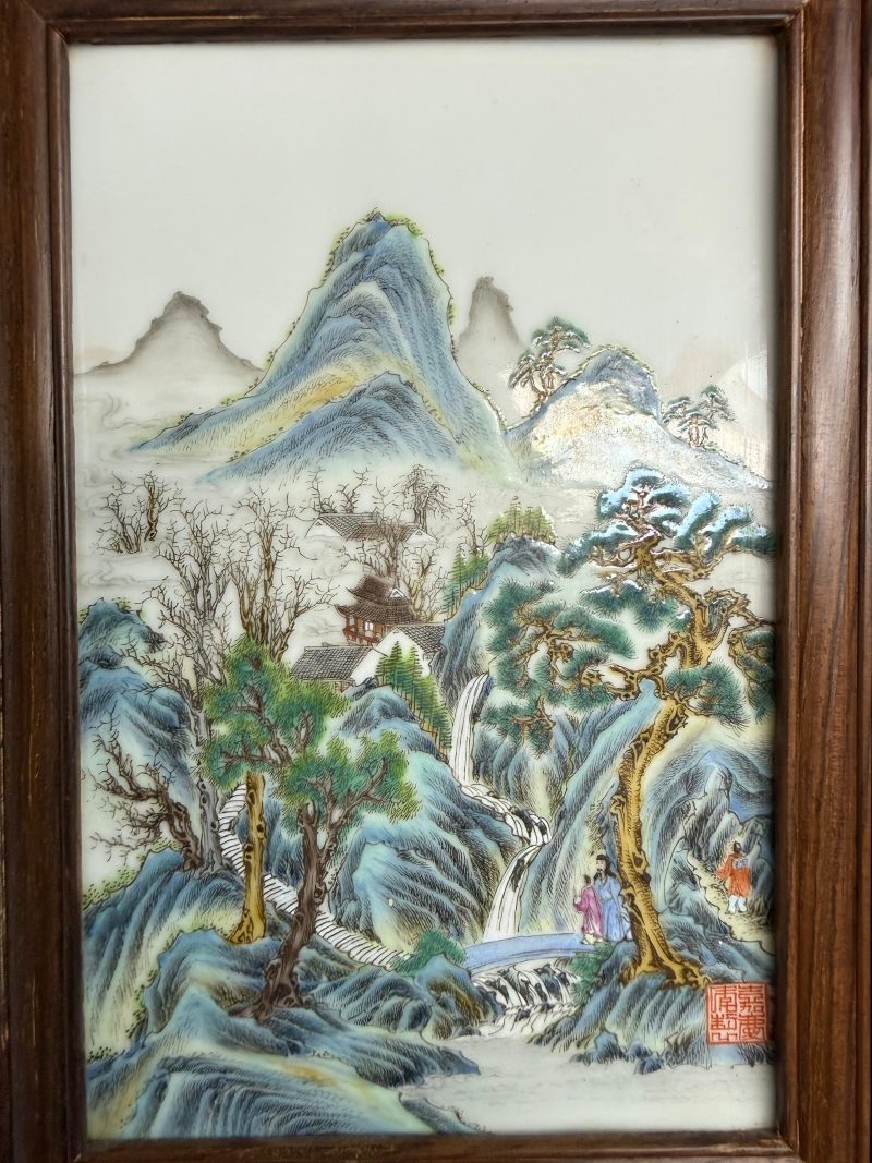 民国  粉彩山水人物图砚屏（一组四件） - 图6