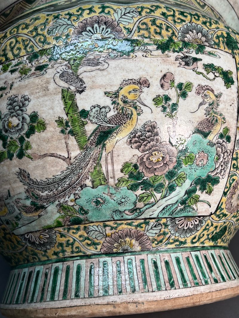 清光绪  素三彩花卉开光花鸟纹铺首缸 - 图13