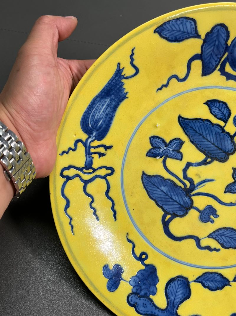 清康熙  黄地青花折枝花果纹盘 - 图5