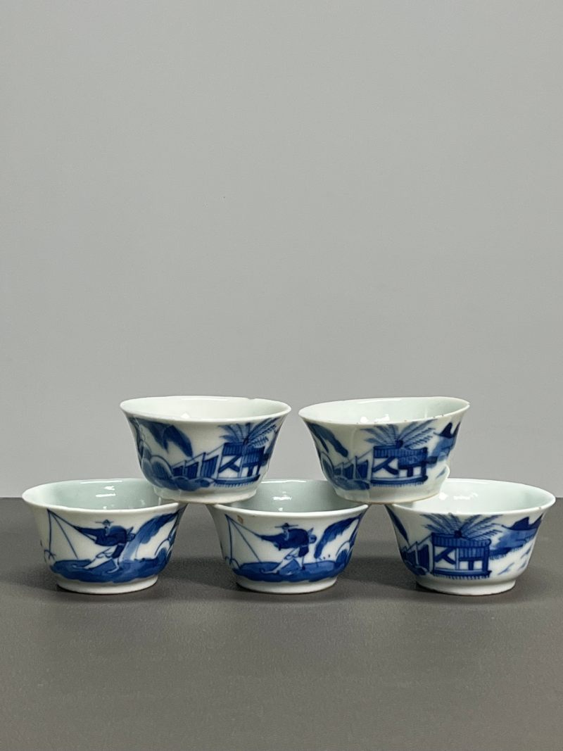 清中期  青花渔家乐图若深杯（一组 5 只） - 图2