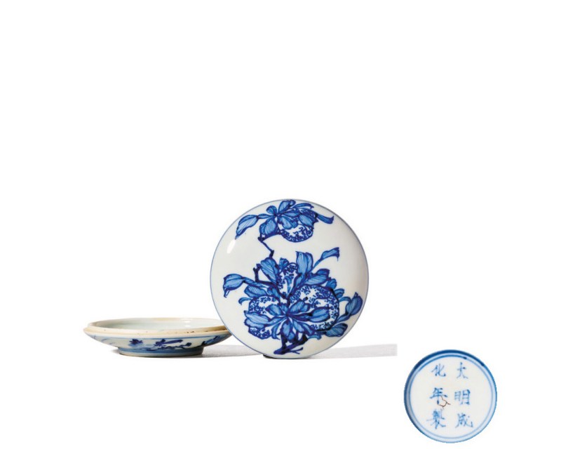 清康熙  青花瑞果花卉纹印泥盒（附木盒）