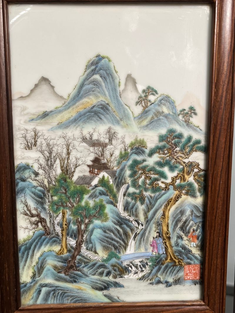 民国  粉彩山水人物图砚屏（一组四件） - 图7