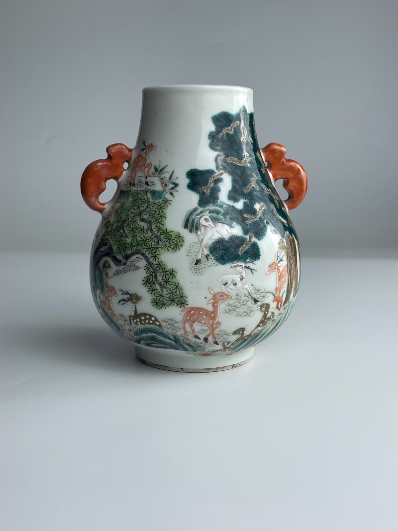 清晚期  粉彩松鹿图鹿头尊 - 图2