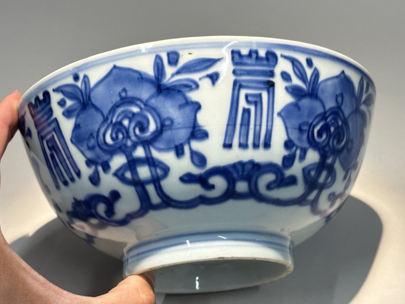 清康熙 青花百寿三多纹碗 - 图3