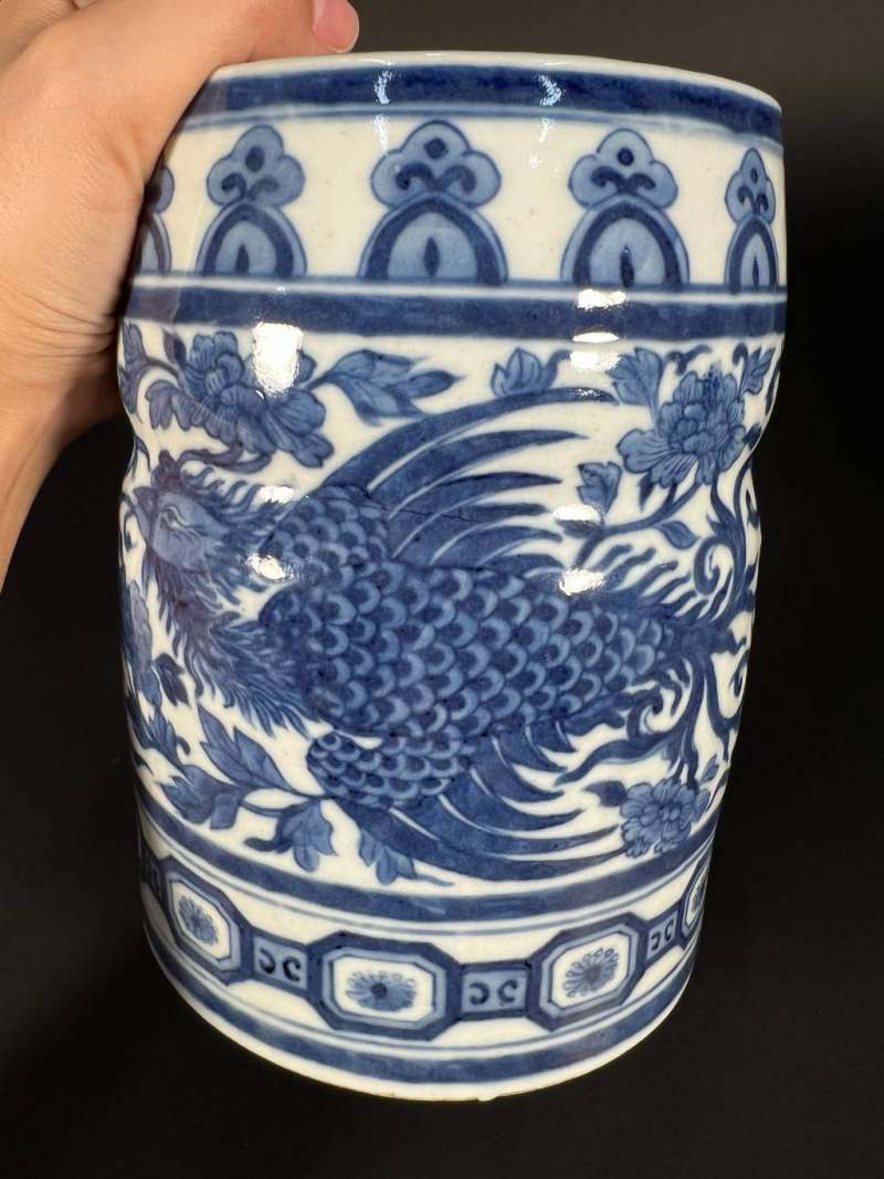 清嘉庆 青花凤穿花纹水指 - 图2