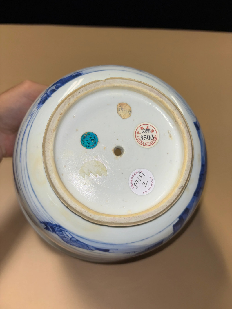 清康熙 青花山水人物纹花盆 - 图8