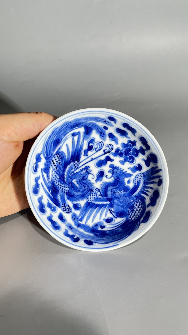 清 青花双凤纹盘 - 图2