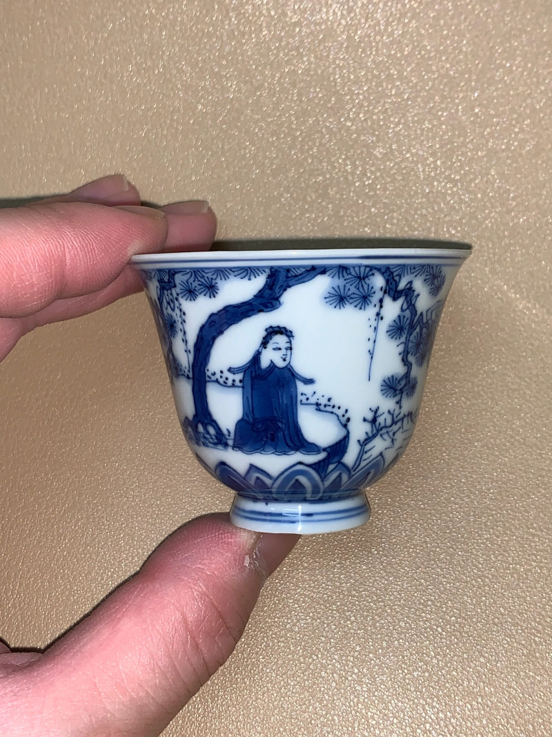 明崇祯 青花高士燕闲图茶杯 - 图4