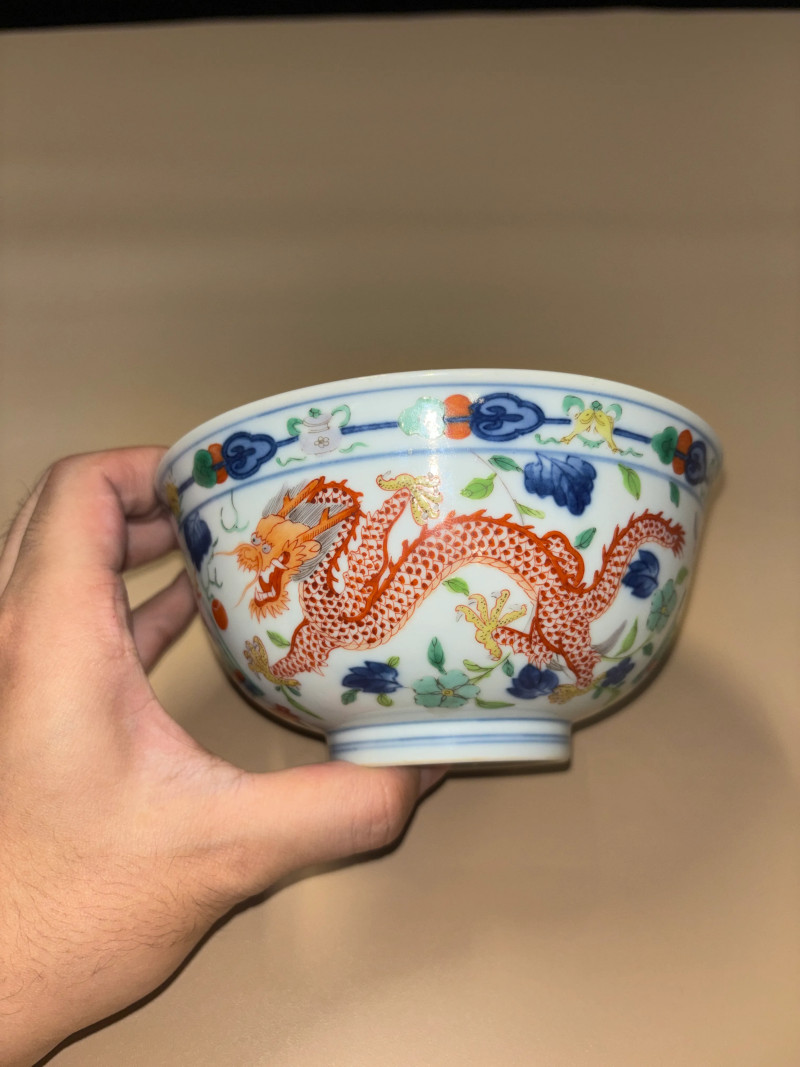 清道光 青花五彩龙凤纹碗 - 图2