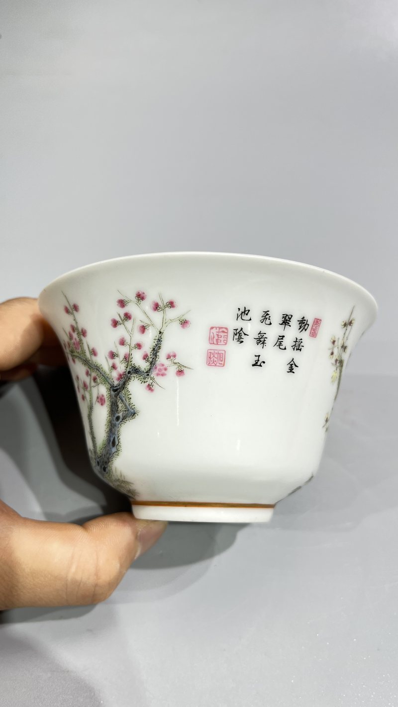 民国 珐琅彩孔雀御题诗文茶圆 - 图7