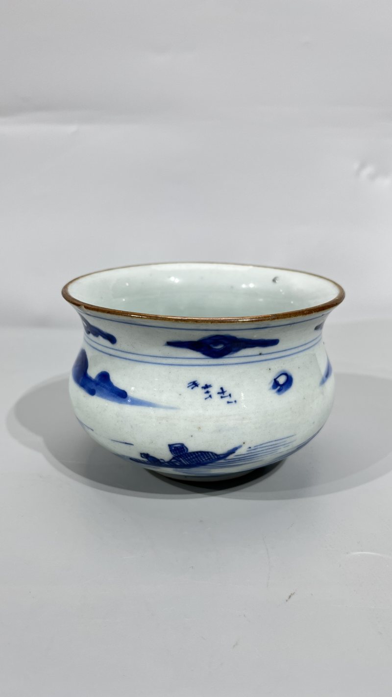 清早期 青花山水人物纹香炉 - 图3